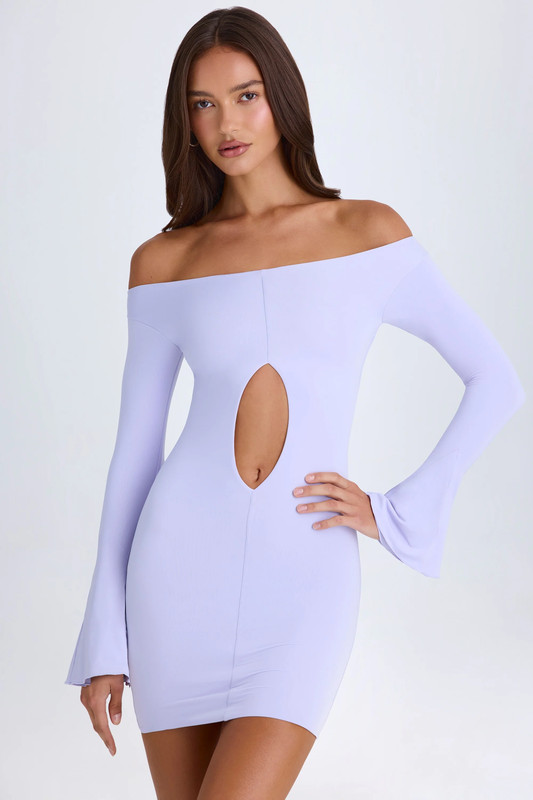 Off-Shoulder Cut-Out Mini Dress in Soft Lilac - Size:L